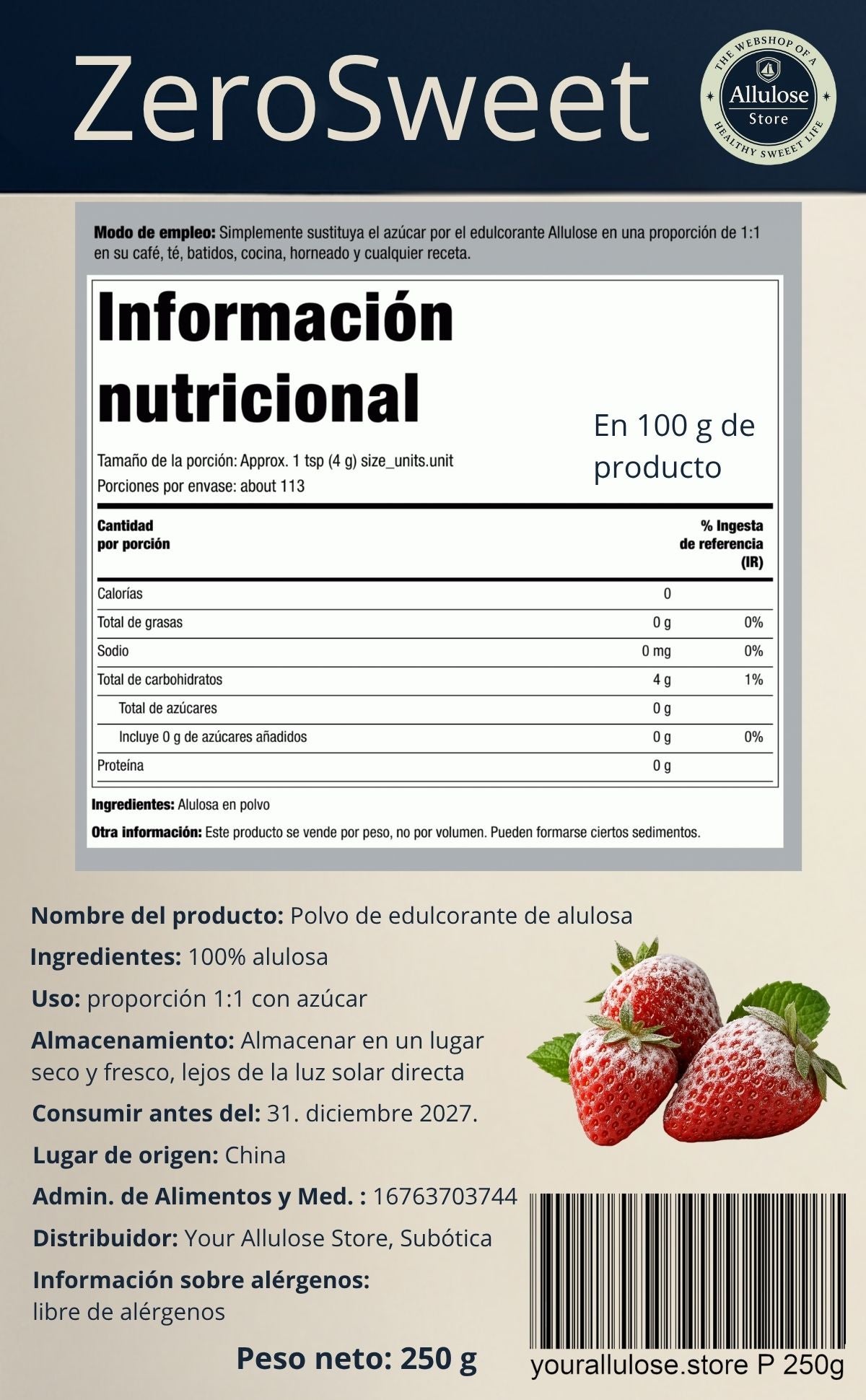 Edulcorante de alulosa polvo: sustituto natural del azúcar cetogénico: 250 g