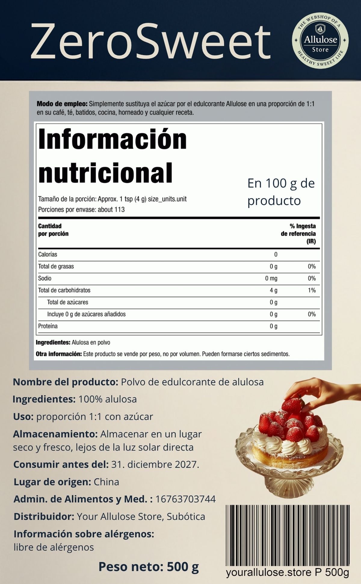 Edulcorante de alulosa polvo: sustituto natural del azúcar cetogénico: 500 g