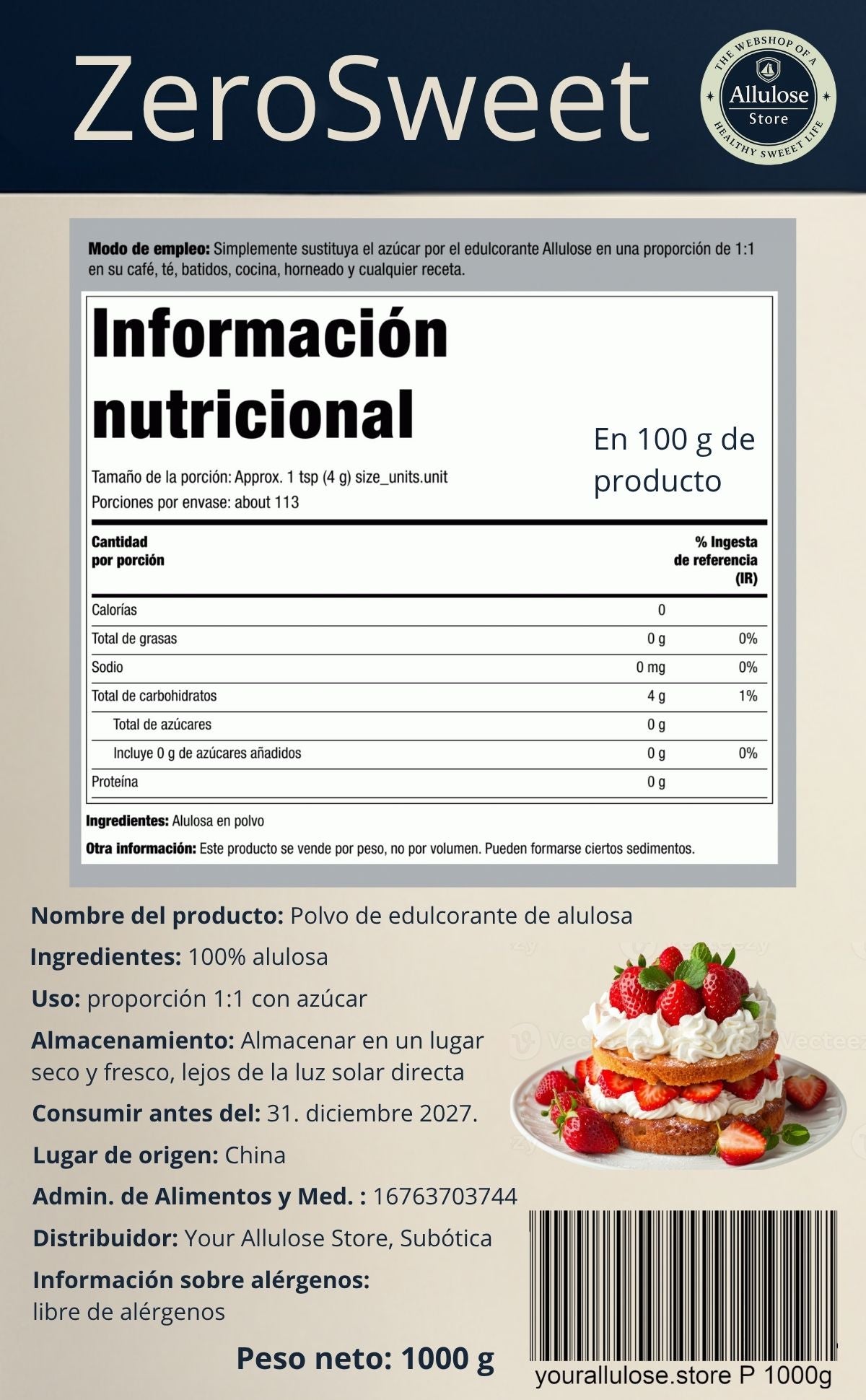 Edulcorante de alulosa polvo: sustituto natural del azúcar cetogénico: 1000 g
